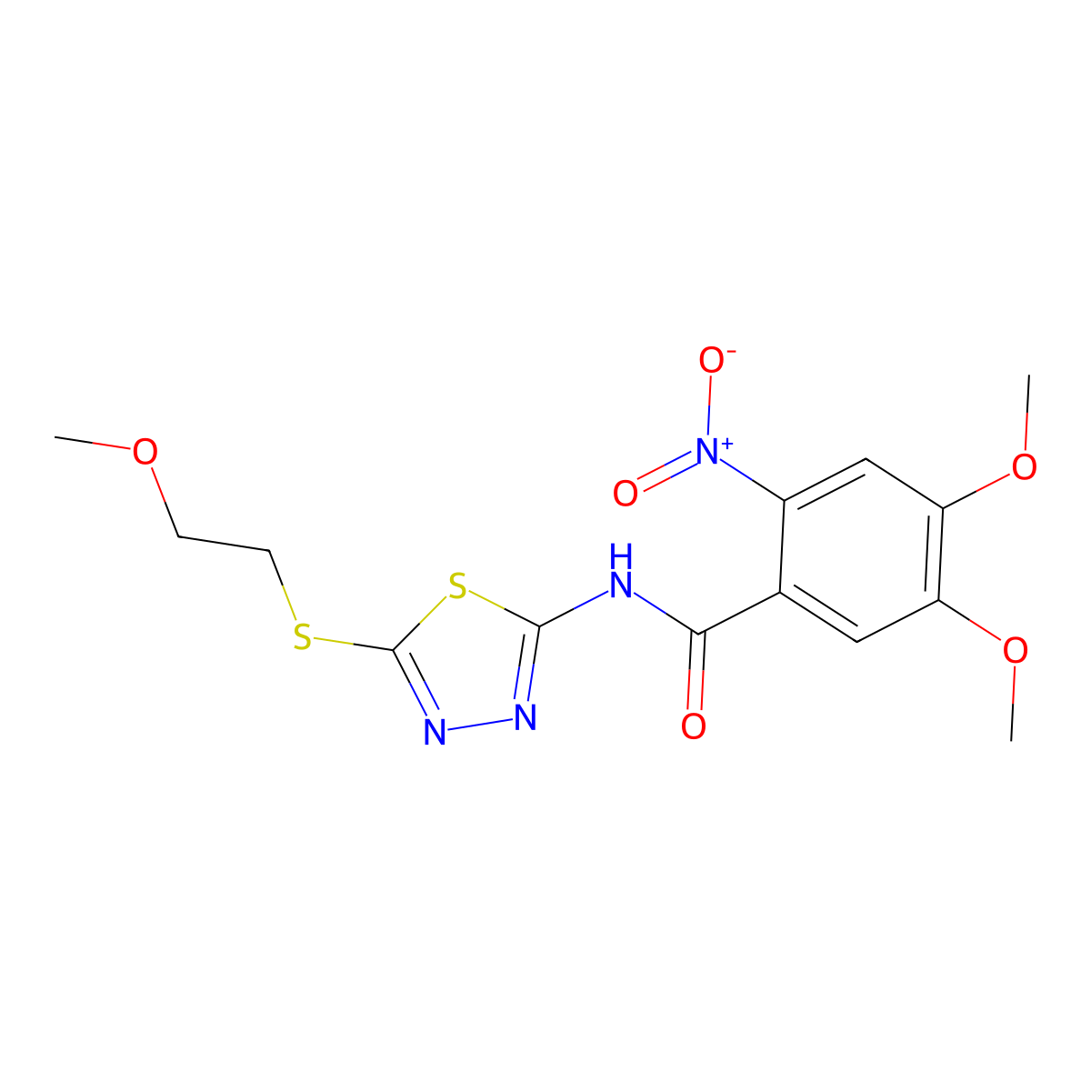 4,5-dimethoxy-N-[5-(2-methoxyethylsulfanyl)-1,3,4-thiadiazol-2-yl]-2-nitrobenzamide molecular structure, CAS 825598-40-1