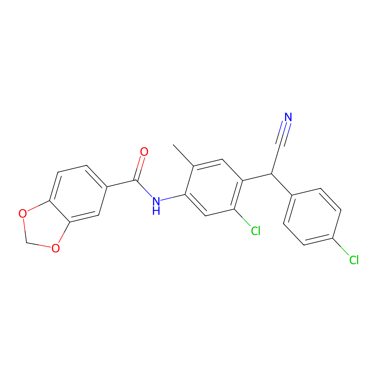 N-{5-chloro-4-[(4-chlorophenyl)(cyano)methyl]-2-methylphenyl}-1,3-benzodioxole-5-carboxamide molecular structure, CAS 825598-47-8