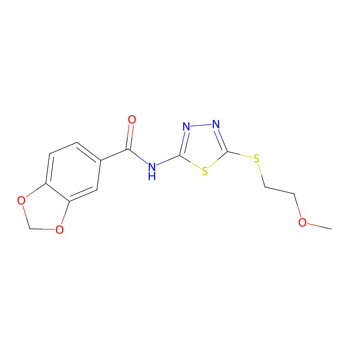 N-[5-(2-methoxyethylthio)-1,3,4-thiadiazol-2-yl]-1,3-benzodioxole-5-carboxamide molecular structure, CAS 825598-48-9