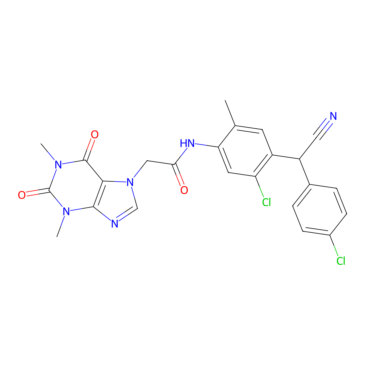 N-{5-chloro-4-[(4-chlorophenyl)(cyano)methyl]-2-methylphenyl}-2-(1,3-dimethyl-2,6-dioxo-1,2,3,6-tetrahydro-7H-purin-7-yl)acetamide molecular structure, CAS 825598-49-0