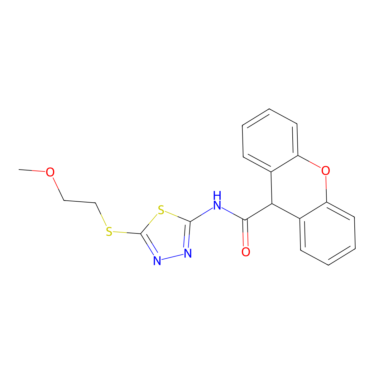 N-[5-(2-methoxyethylsulfanyl)-1,3,4-thiadiazol-2-yl]-9H-xanthene-9-carboxamide molecular structure, CAS 825598-56-9