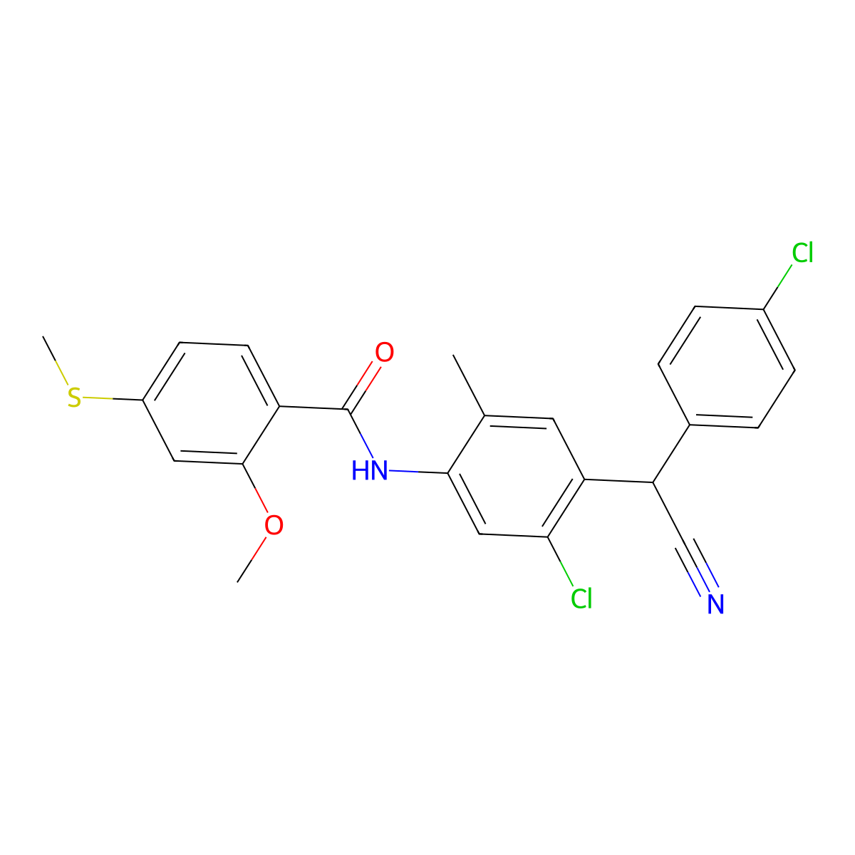N-[5-chloro-4-[(4-chlorophenyl)-cyanomethyl]-2-methylphenyl]-2-methoxy-4-methylsulfanylbenzamide molecular structure, CAS 825598-66-1