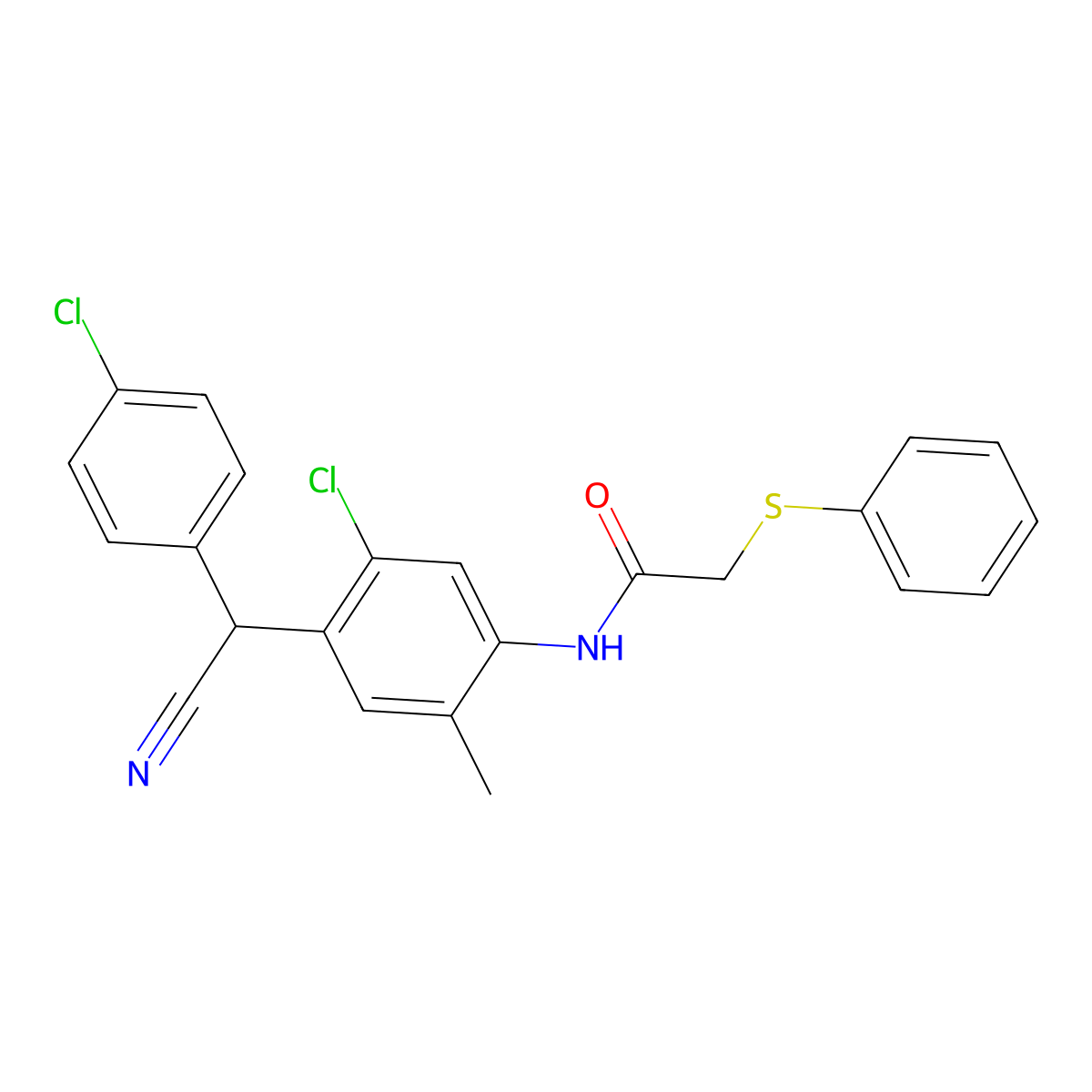 N-{5-chloro-4-[(4-chlorophenyl)(cyano)methyl]-2-methylphenyl}-2-(phenylsulfanyl)acetamide molecular structure, CAS 825598-71-8