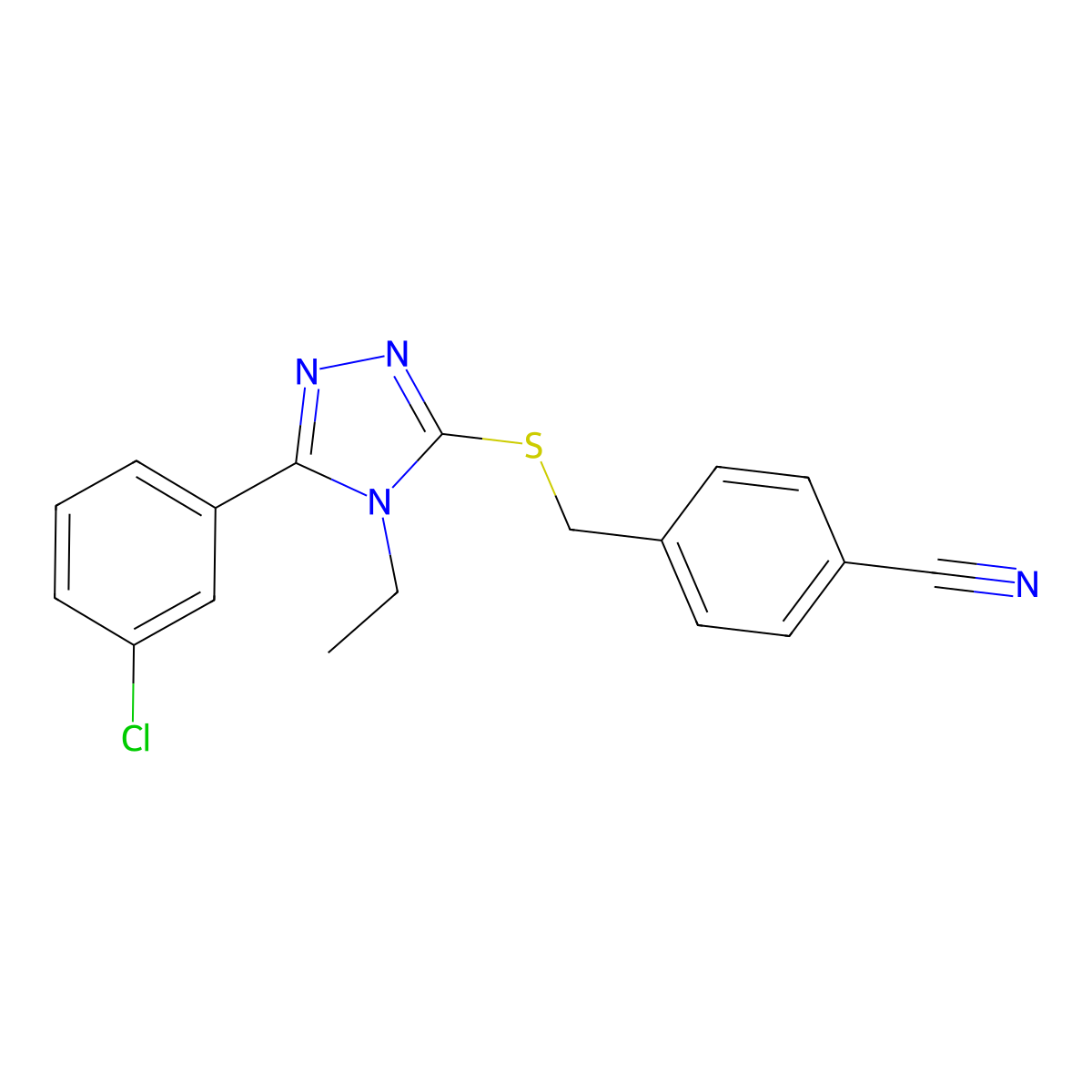 4-[[5-(3-Chlorophenyl)-4-ethyl-1,2,4-triazol-3-yl]sulfanylmethyl]benzonitrile molecular structure, CAS 825599-11-9