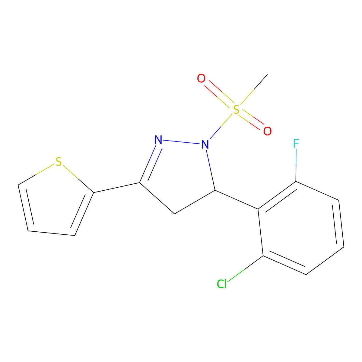 5-(2-chloro-6-fluorophenyl)-1-methanesulfonyl-3-(thiophen-2-yl)-4,5-dihydro-1H-pyrazole molecular structure, CAS 825599-59-5