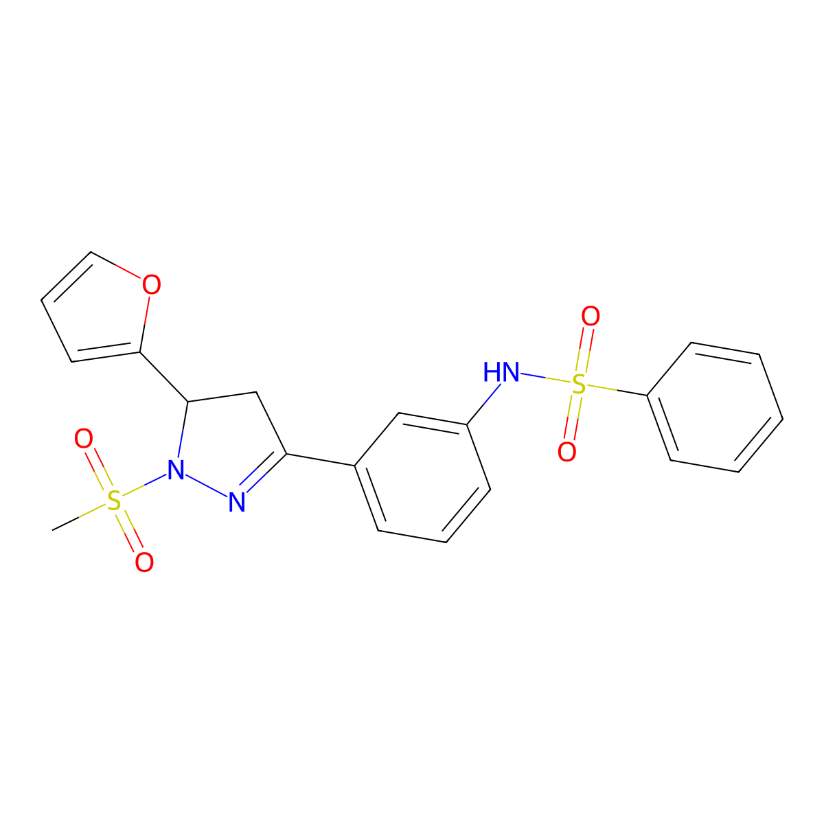 N-(3-(5-(furan-2-yl)-1-(methylsulfonyl)-4,5-dihydro-1H-pyrazol-3-yl)phenyl)benzenesulfonamide molecular structure, CAS 825599-69-7