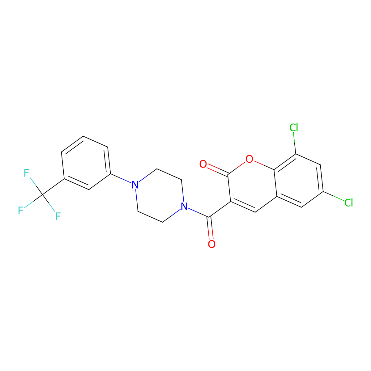 6,8-Dichloro-3-[4-[3-(trifluoromethyl)phenyl]piperazine-1-carbonyl]chromen-2-one molecular structure, CAS 825599-87-9