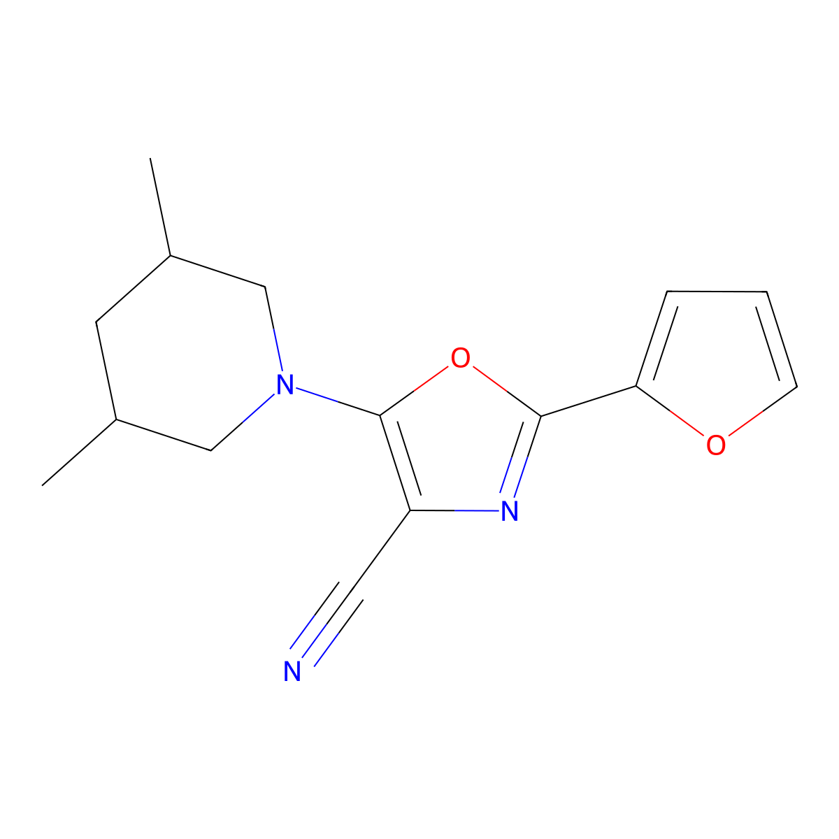 5-(3,5-Dimethylpiperidin-1-yl)-2-(furan-2-yl)-1,3-oxazole-4-carbonitrile molecular structure, CAS 825600-22-4