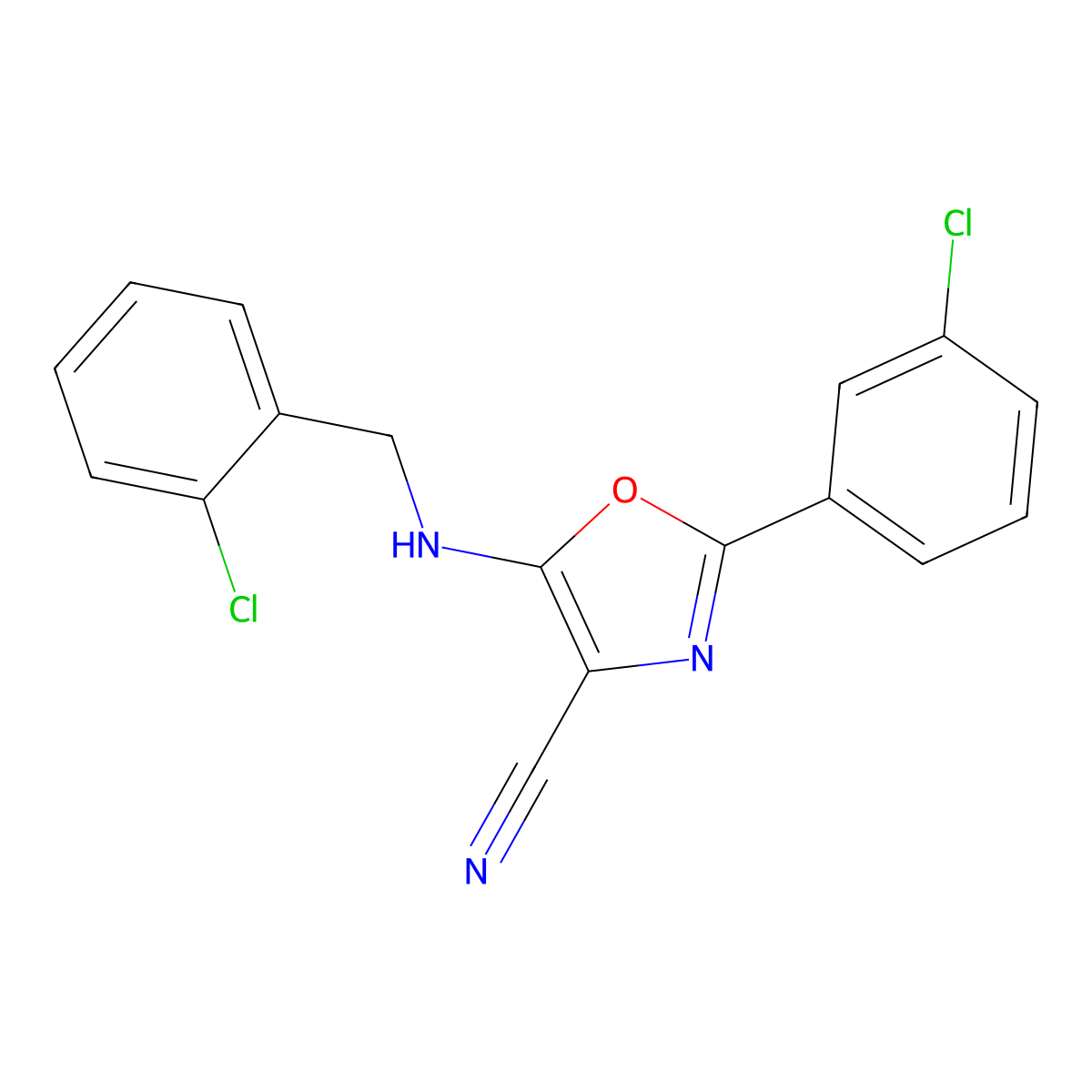 2-(3-Chlorophenyl)-5-[(2-chlorophenyl)methylamino]-1,3-oxazole-4-carbonitrile molecular structure, CAS 825600-39-3
