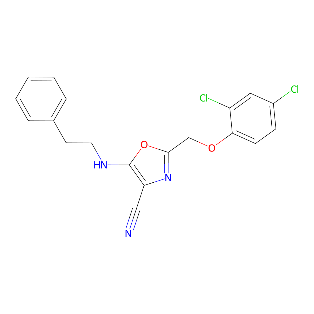 2-[(2,4-Dichlorophenoxy)methyl]-5-[(2-phenylethyl)amino]-1,3-oxazole-4-carbonitrile molecular structure, CAS 825600-57-5