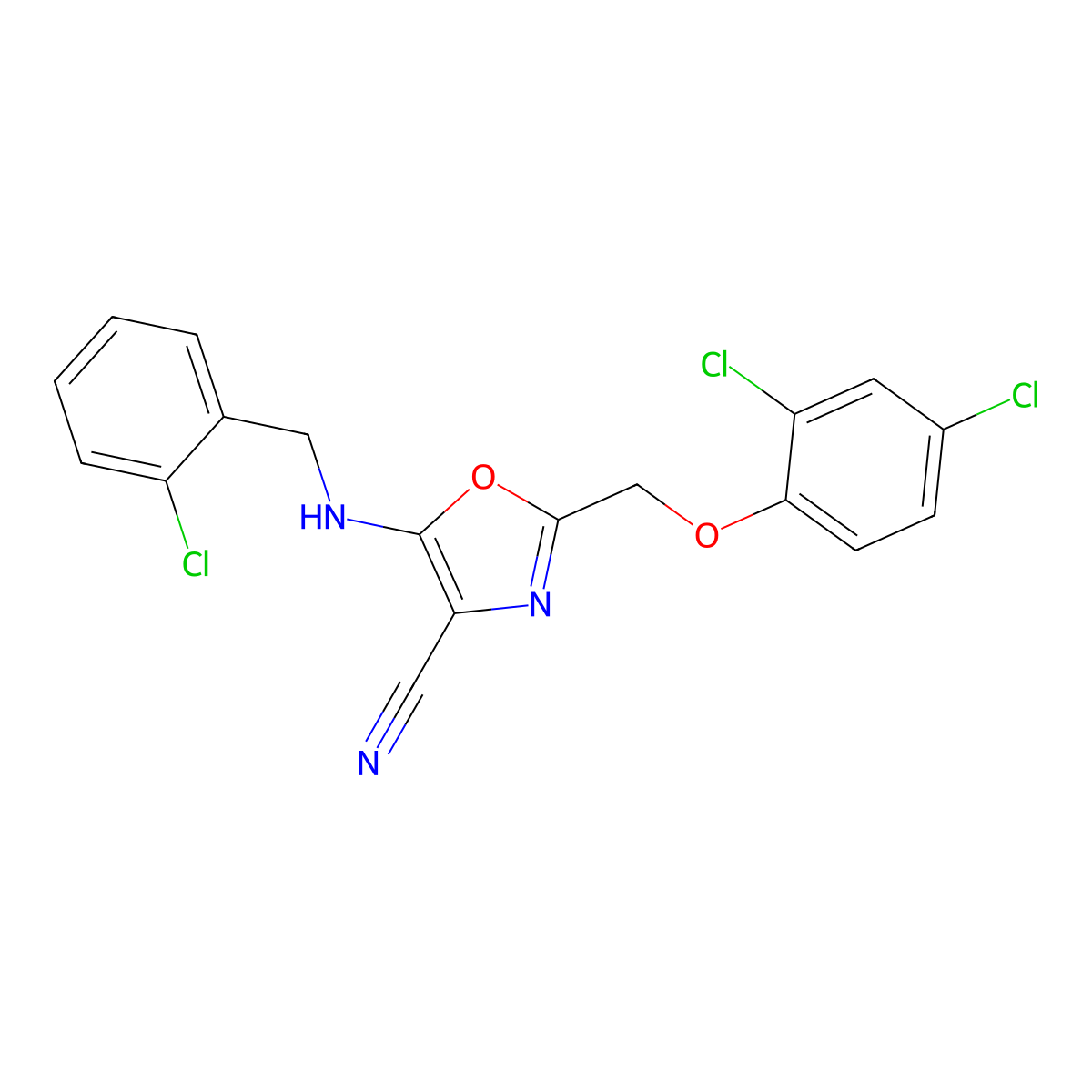 5-[(2-Chlorophenyl)methylamino]-2-[(2,4-dichlorophenoxy)methyl]-1,3-oxazole-4-carbonitrile molecular structure, CAS 825600-58-6