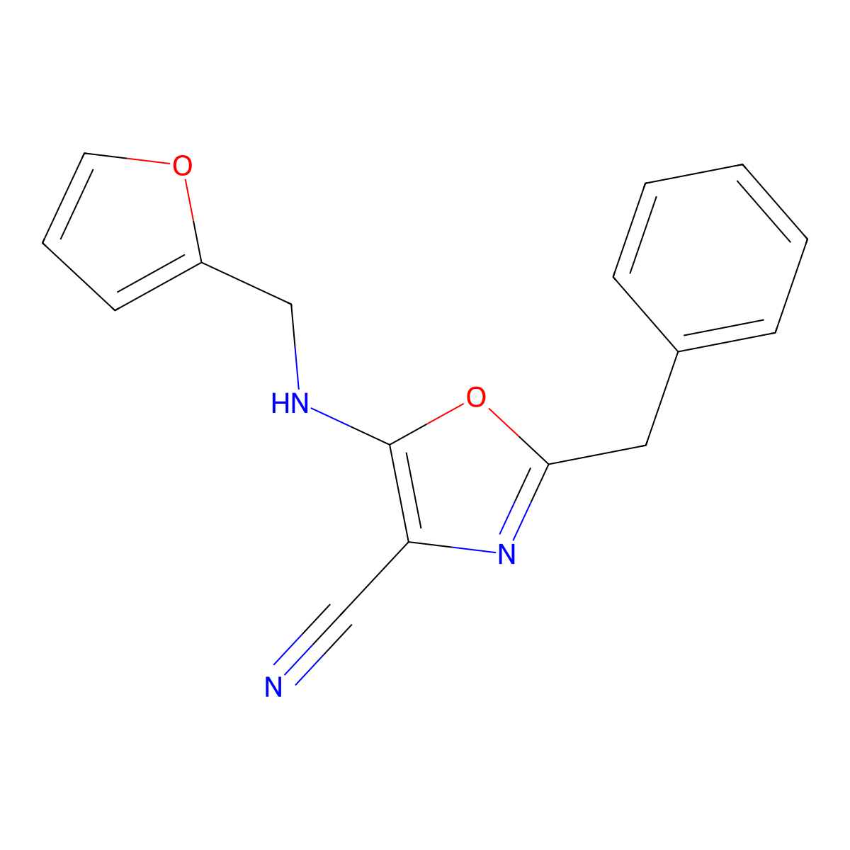 2-Benzyl-5-(furan-2-ylmethylamino)-1,3-oxazole-4-carbonitrile molecular structure, CAS 825600-69-9