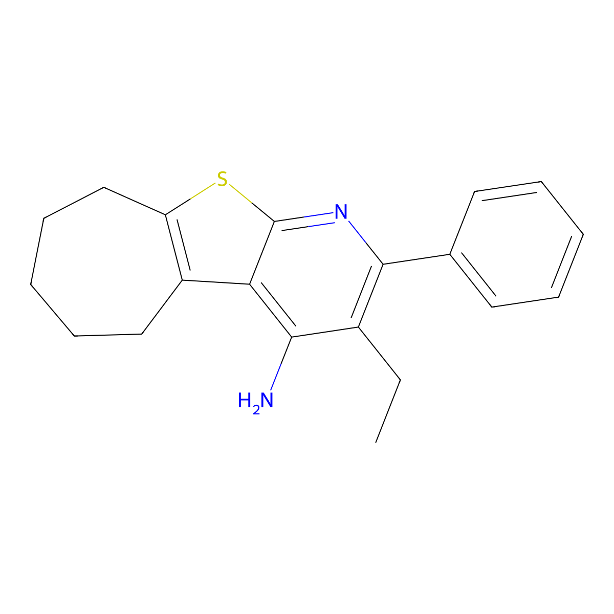 3-ethyl-2-phenyl-6,7,8,9-tetrahydro-5H-cyclohepta[2,3]thieno[2,4-c]pyridin-4-amine molecular structure, CAS 825601-52-3