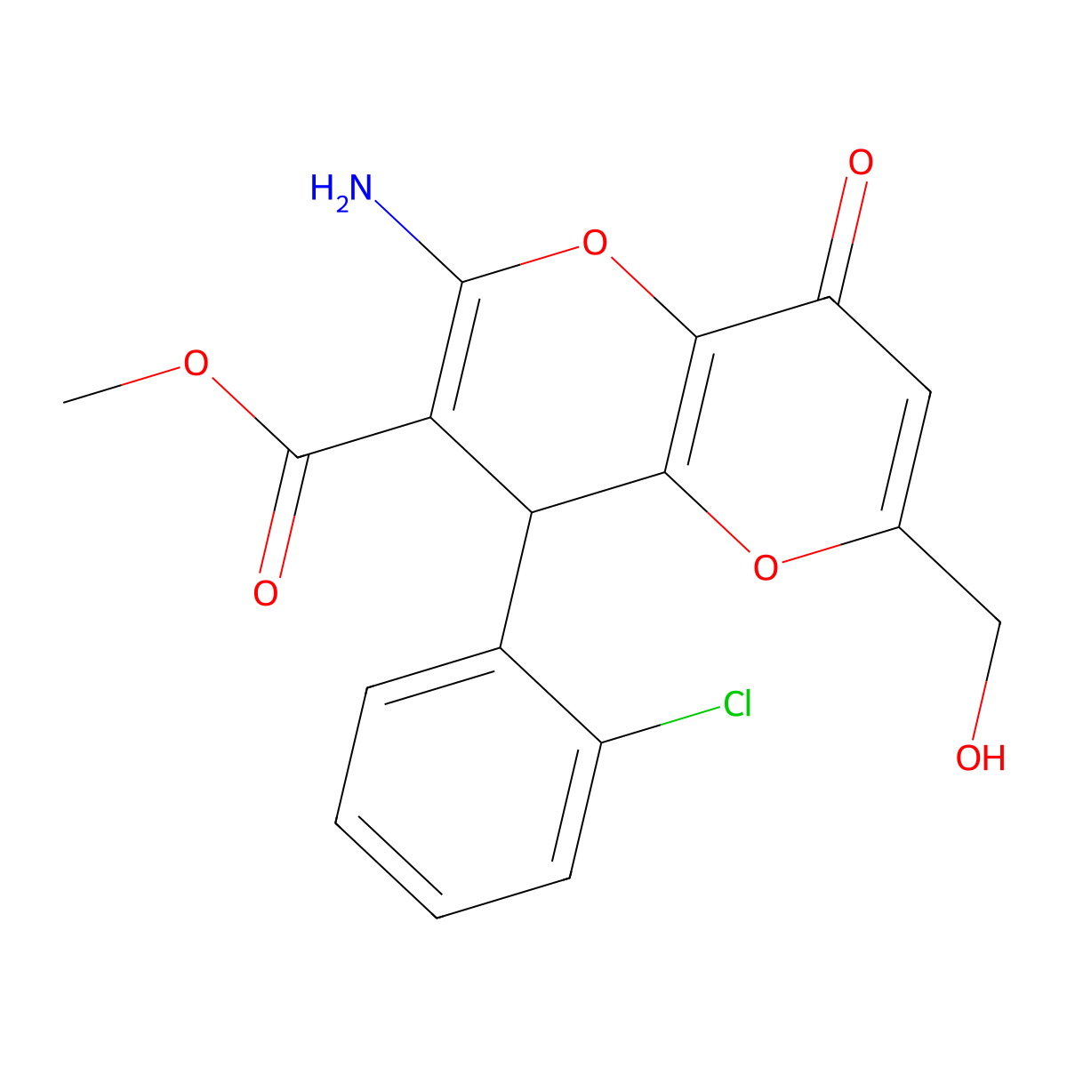 Methyl 2-amino-4-(2-chlorophenyl)-6-(hydroxymethyl)-8-oxo-4,8-dihydropyrano[3,2-b]pyran-3-carboxylate molecular structure, CAS 825602-70-8