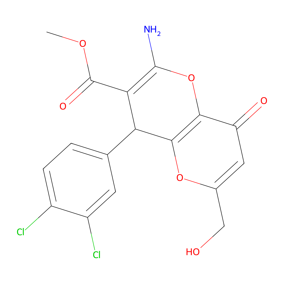 Methyl 2-amino-4-(3,4-dichlorophenyl)-6-(hydroxymethyl)-8-oxo-4,8-dihydropyrano[3,2-b]pyran-3-carboxylate molecular structure, CAS 825602-71-9