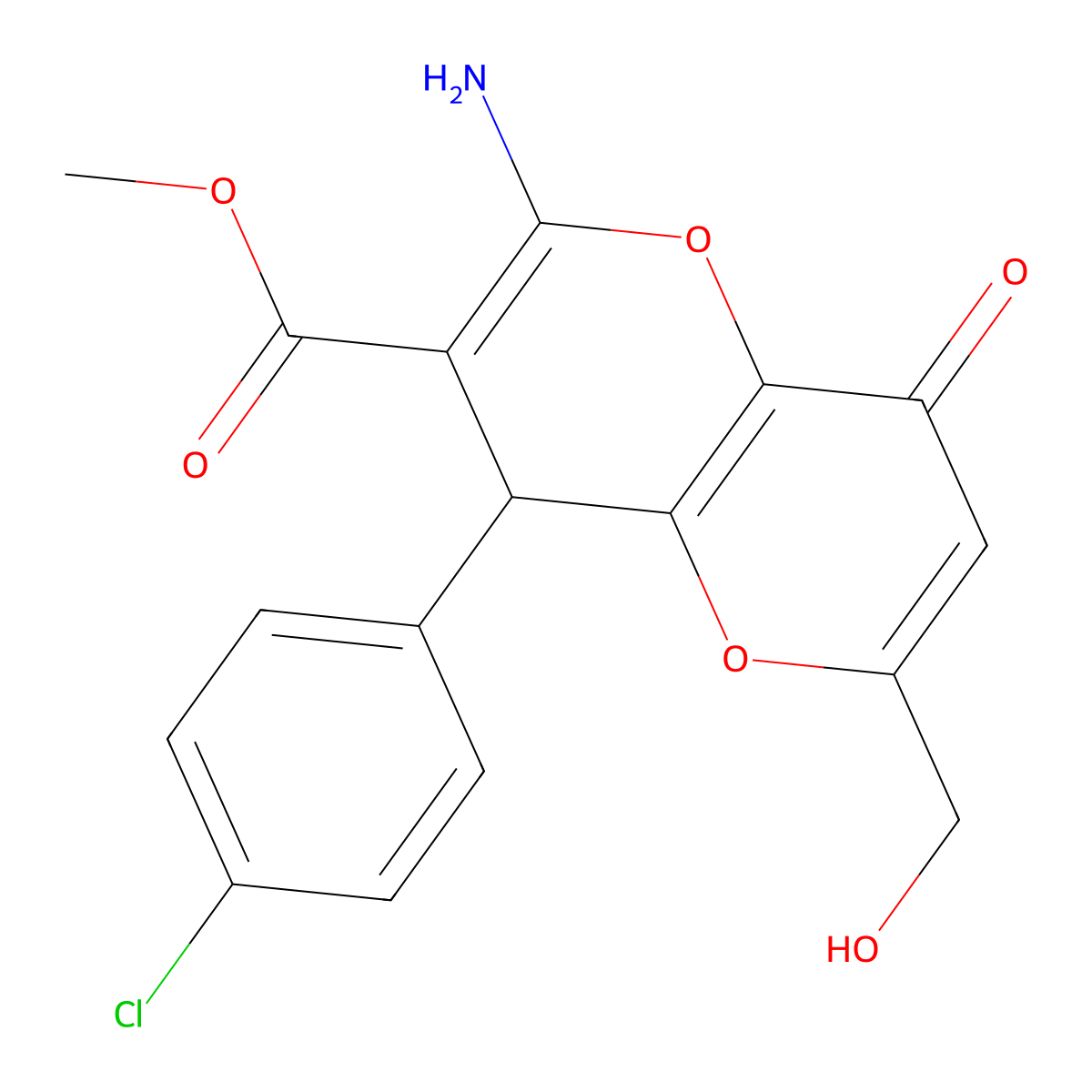 Methyl 2-amino-4-(4-chlorophenyl)-6-(hydroxymethyl)-8-oxo-4,8-dihydropyrano[3,2-b]pyran-3-carboxylate molecular structure, CAS 825602-72-0