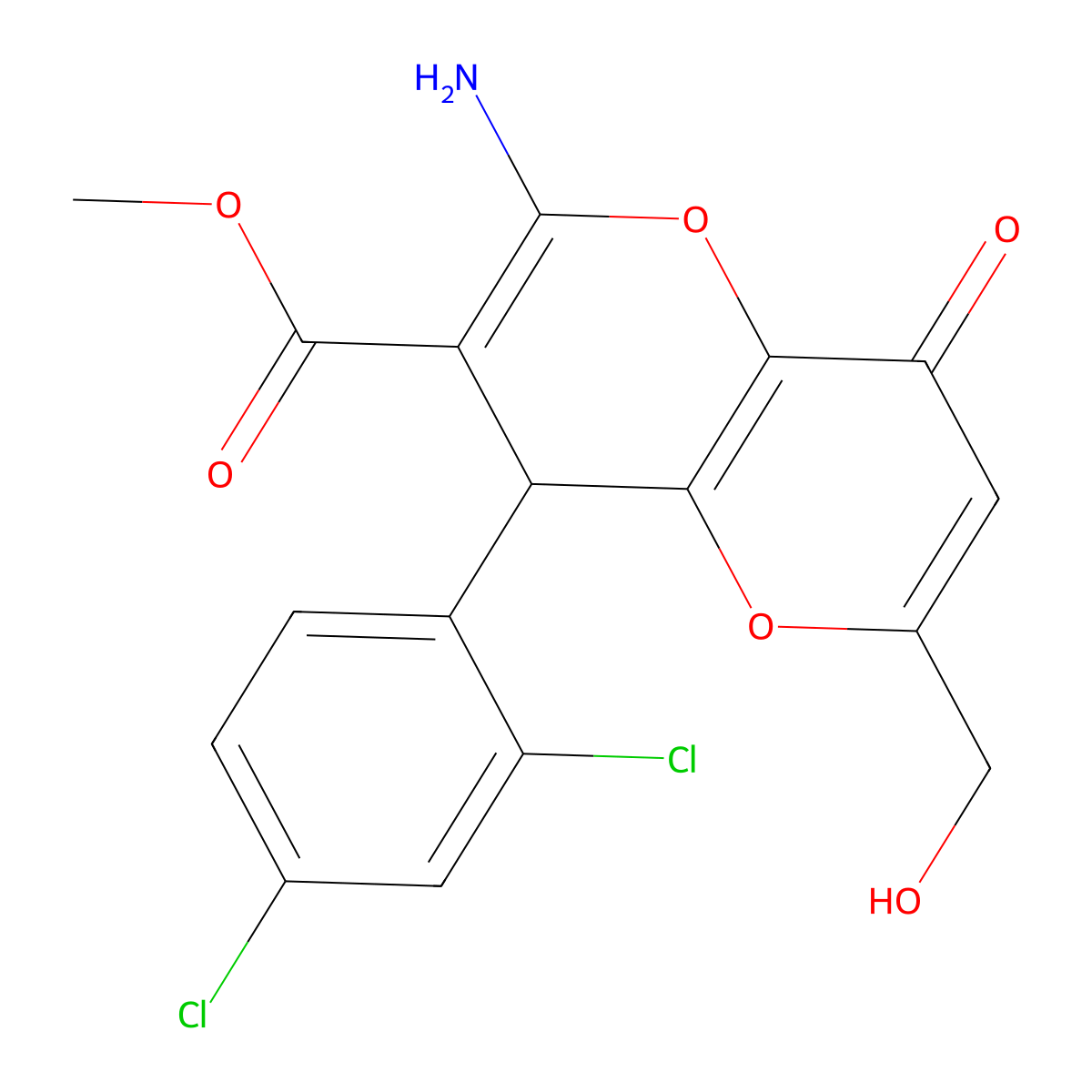 methyl 2-amino-4-(2,4-dichlorophenyl)-6-(hydroxymethyl)-8-oxo-4H-pyrano[3,2-b]pyran-3-carboxylate molecular structure, CAS 825602-73-1