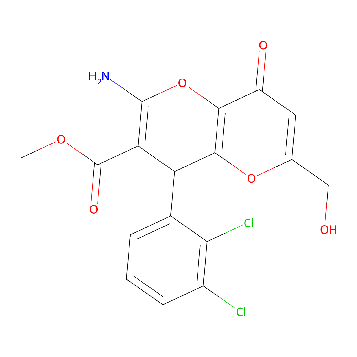 Methyl 2-amino-4-(2,3-dichlorophenyl)-6-(hydroxymethyl)-8-oxo-4,8-dihydropyrano[3,2-b]pyran-3-carboxylate molecular structure, CAS 825602-74-2