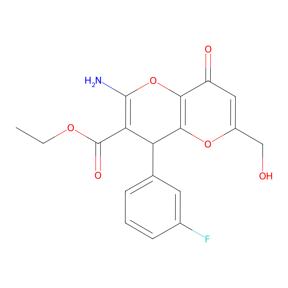 Ethyl 2-amino-4-(3-fluorophenyl)-6-(hydroxymethyl)-8-oxo-4,8-dihydropyrano[3,2-b]pyran-3-carboxylate molecular structure, CAS 825602-75-3
