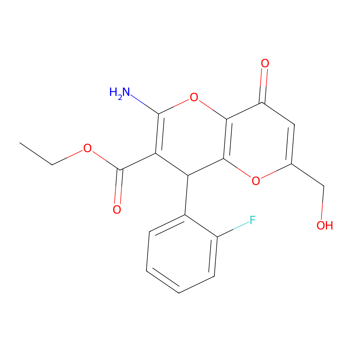 Ethyl 2-amino-4-(2-fluorophenyl)-6-(hydroxymethyl)-8-oxo-4,8-dihydropyrano[3,2-b]pyran-3-carboxylate molecular structure, CAS 825602-76-4