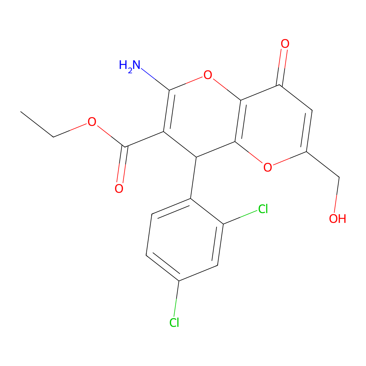 Ethyl 2-amino-4-(2,4-dichlorophenyl)-6-(hydroxymethyl)-8-oxo-4,8-dihydropyrano[3,2-b]pyran-3-carboxylate molecular structure, CAS 825602-77-5