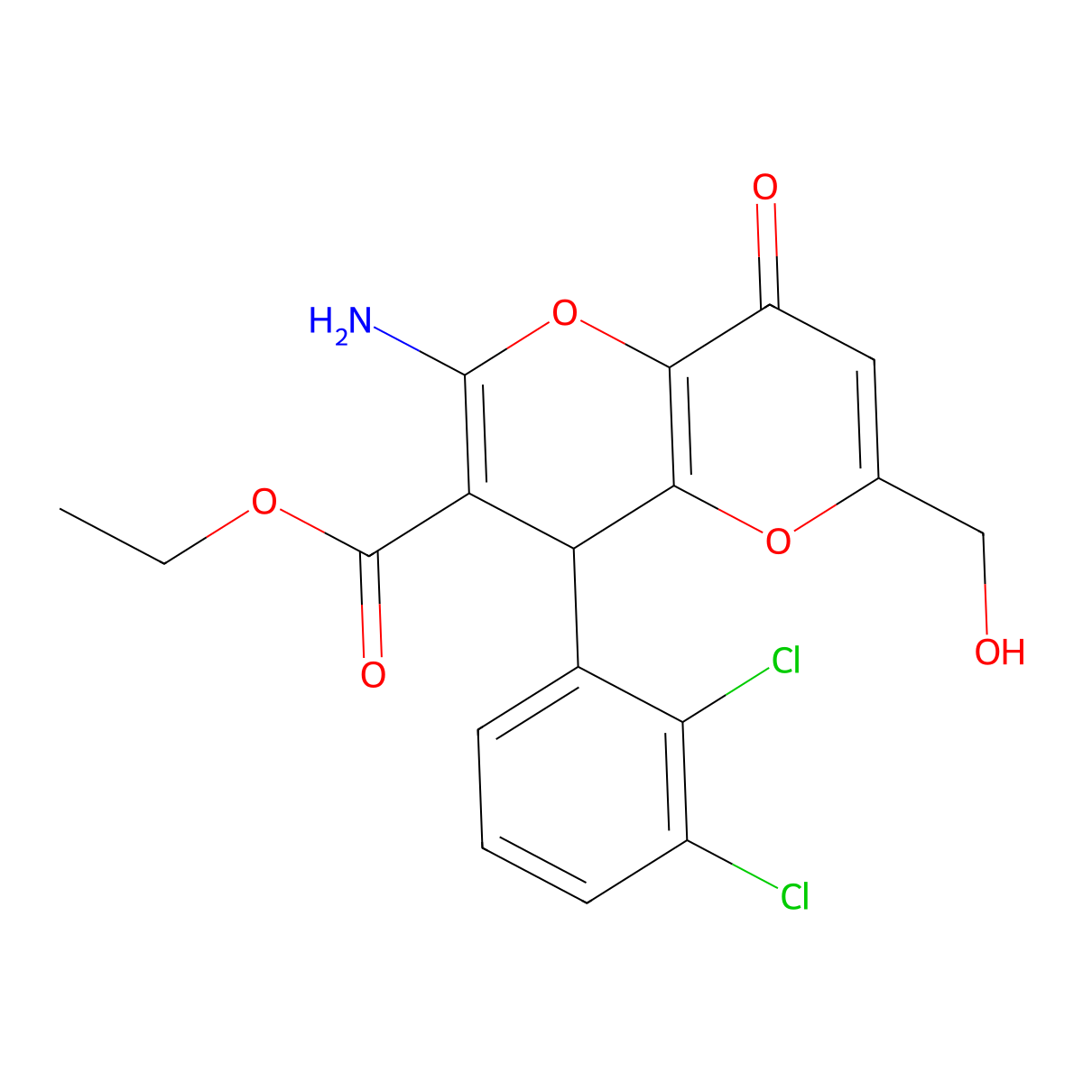 Ethyl 2-amino-4-(2,3-dichlorophenyl)-6-(hydroxymethyl)-8-oxo-4,8-dihydropyrano[3,2-b]pyran-3-carboxylate molecular structure, CAS 825602-78-6