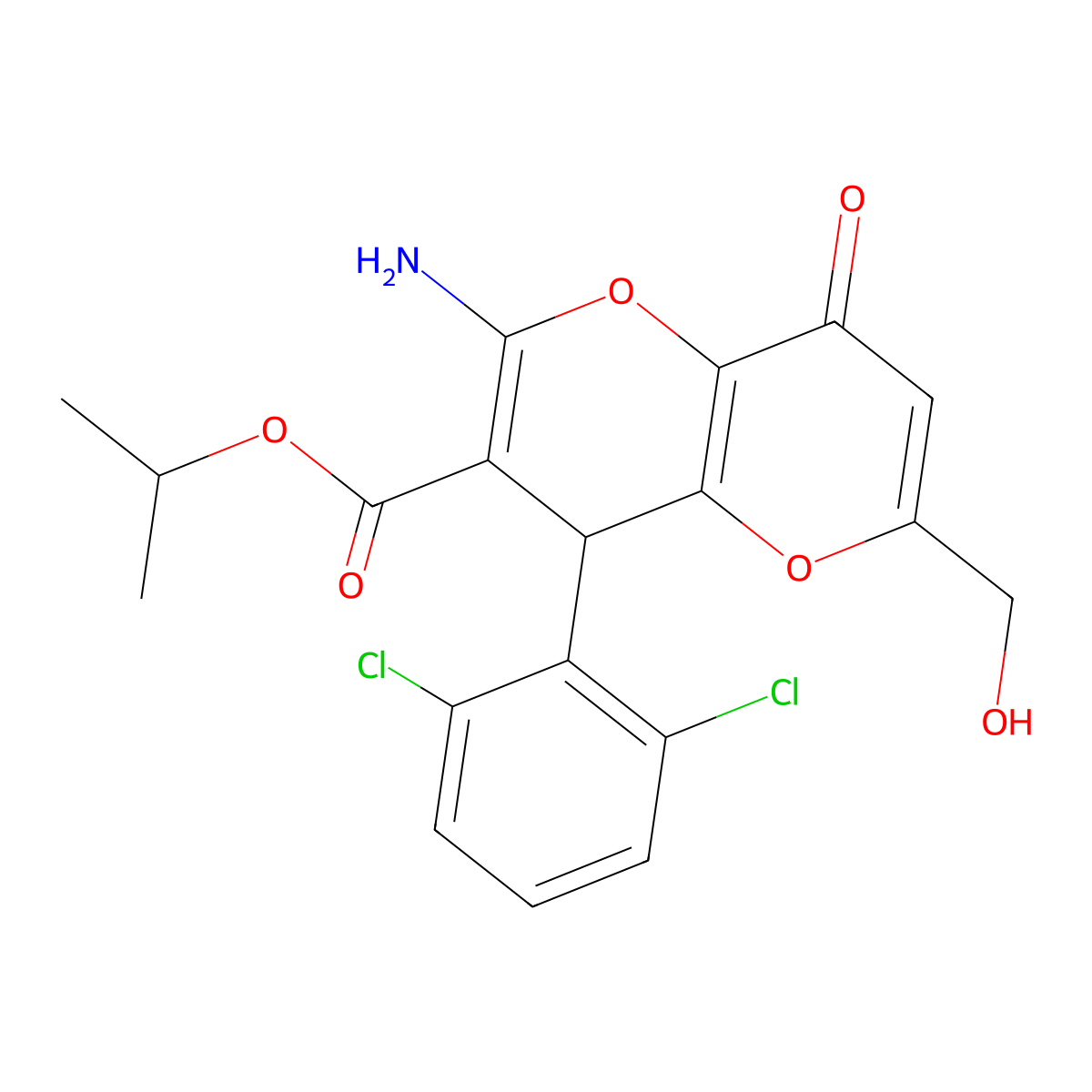Isopropyl 2-amino-4-(2,6-dichlorophenyl)-6-(hydroxymethyl)-8-oxo-4,8-dihydropyrano[3,2-b]pyran-3-carboxylate molecular structure, CAS 825602-92-4