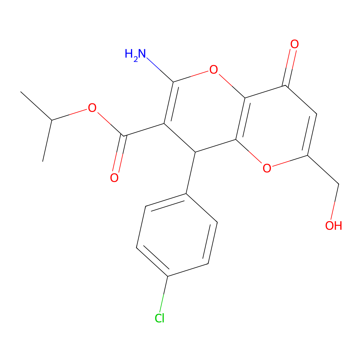 Isopropyl 2-amino-4-(4-chlorophenyl)-6-(hydroxymethyl)-8-oxo-4,8-dihydropyrano[3,2-b]pyran-3-carboxylate molecular structure, CAS 825602-94-6