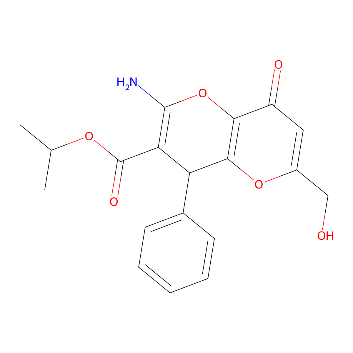 Isopropyl 2-amino-6-(hydroxymethyl)-8-oxo-4-phenyl-4,8-dihydropyrano[3,2-b]pyran-3-carboxylate molecular structure, CAS 825602-96-8