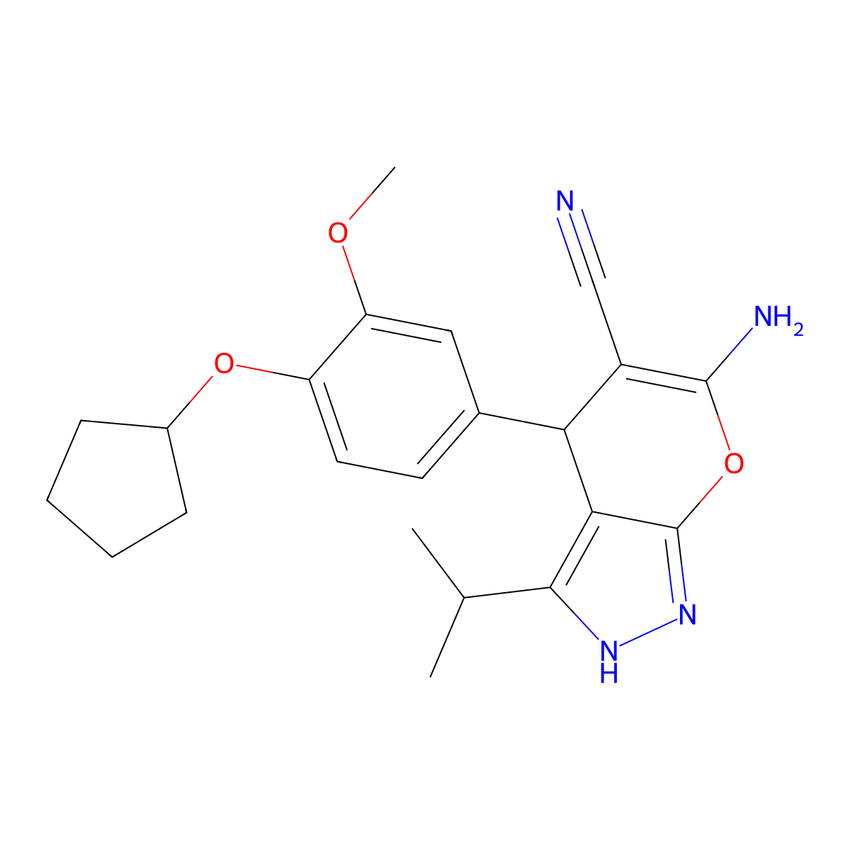 6-Amino-4-[4-(cyclopentyloxy)-3-methoxyphenyl]-3-isopropyl-2,4-dihydropyrano[2,3-c]pyrazole-5-carbonitrile molecular structure, CAS 825603-06-3