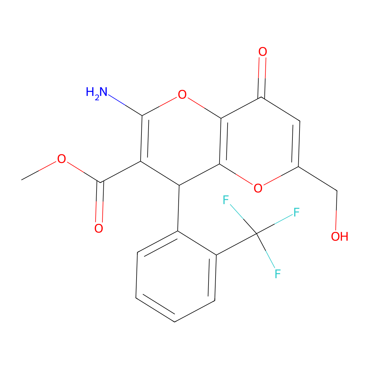 Methyl 2-amino-6-(hydroxymethyl)-8-oxo-4-[2-(trifluoromethyl)phenyl]-4,8-dihydropyrano[3,2-b]pyran-3-carboxylate molecular structure, CAS 825603-15-4