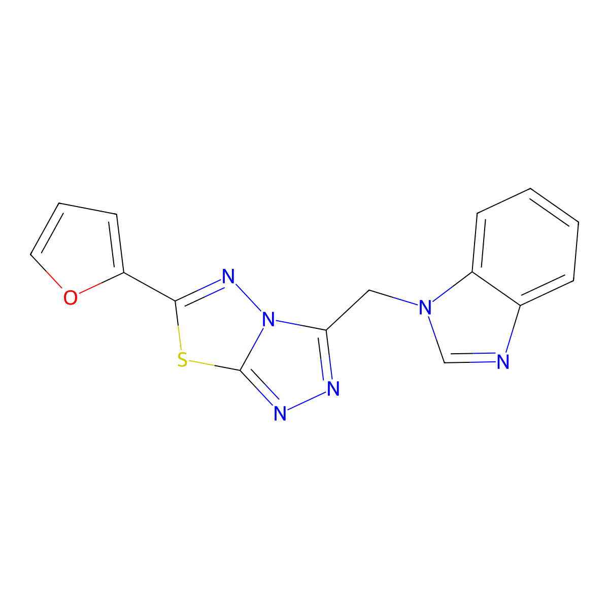 3-(Benzimidazol-1-ylmethyl)-6-(furan-2-yl)-[1,2,4]triazolo[3,4-b][1,3,4]thiadiazole molecular structure, CAS 825605-19-4