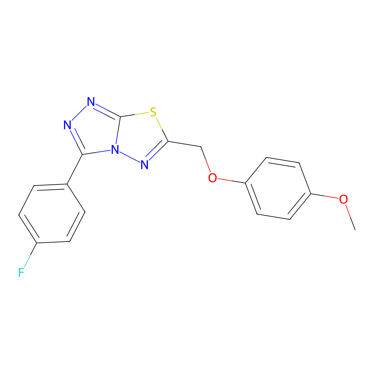 3-(4-Fluorophenyl)-6-[(4-methoxyphenoxy)methyl]-[1,2,4]triazolo[3,4-b][1,3,4]thiadiazole molecular structure, CAS 825606-04-0