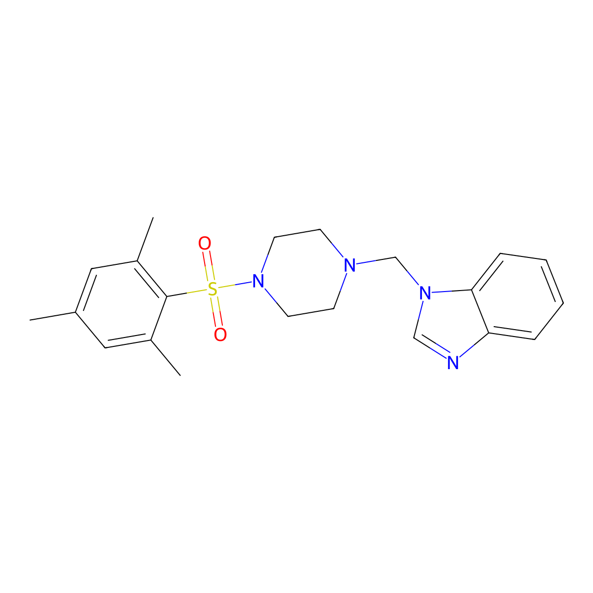1-((4-(mesitylsulfonyl)piperazin-1-yl)methyl)-1H-benzo[d]imidazole molecular structure, CAS 825608-27-3