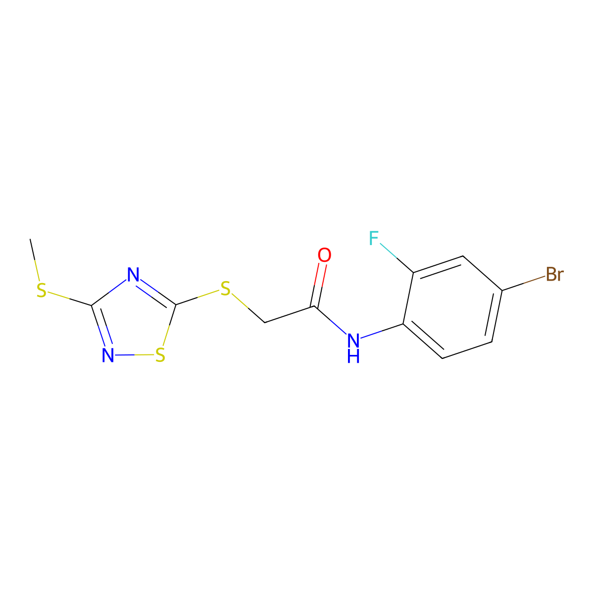 N-(4-bromo-2-fluorophenyl)-2-{[3-(methylsulfanyl)-1,2,4-thiadiazol-5-yl]sulfanyl}acetamide molecular structure, CAS 825610-60-4