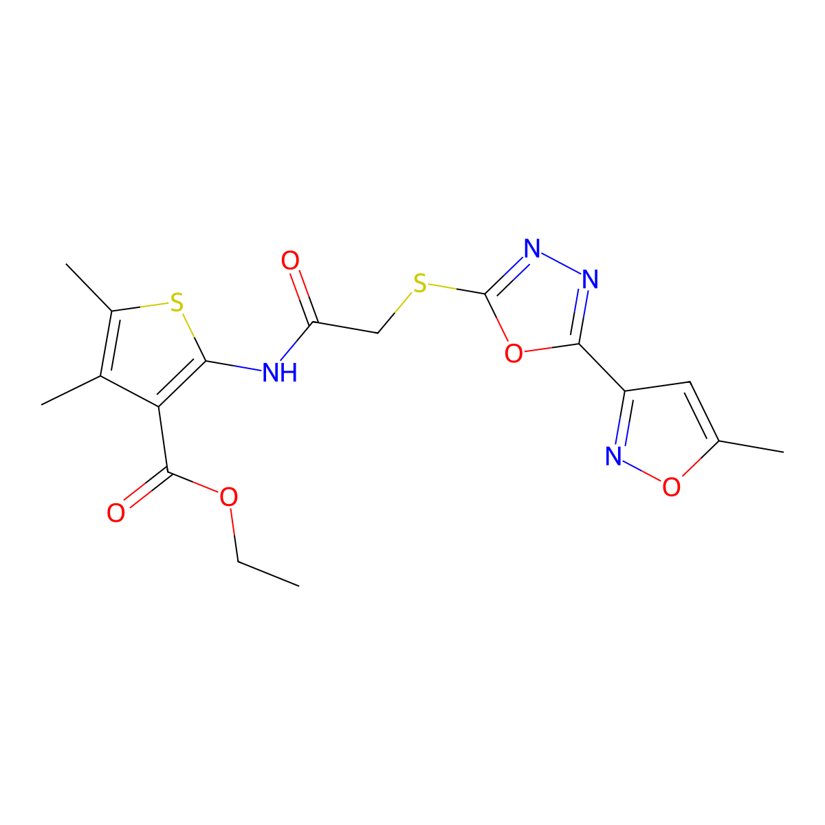 Ethyl 4,5-dimethyl-2-[({[5-(5-methyl-3-isoxazolyl)-1,3,4-oxadiazol-2-yl]sulfanyl}acetyl)amino]-3-thiophenecarboxylate molecular structure, CAS 825610-68-2