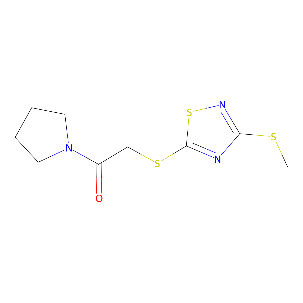 2-[(3-Methylsulfanyl-1,2,4-thiadiazol-5-yl)sulfanyl]-1-pyrrolidin-1-ylethanone molecular structure, CAS 825610-70-6