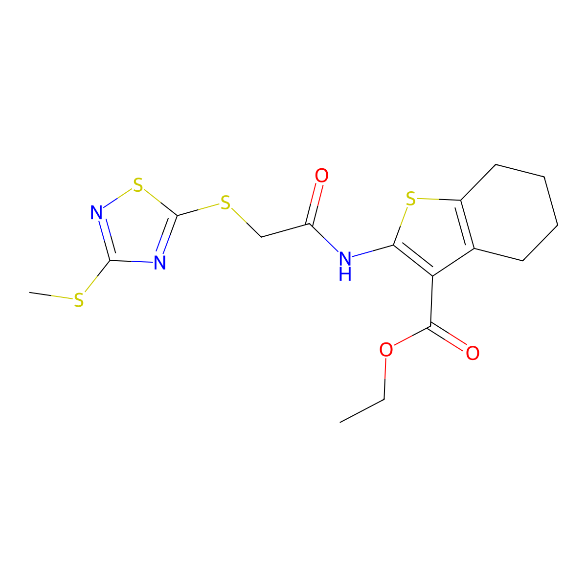 Ethyl 2-[({[3-(methylsulfanyl)-1,2,4-thiadiazol-5-yl]sulfanyl}acetyl)amino]-4,5,6,7-tetrahydro-1-benzothiophene-3-carboxylate molecular structure, CAS 825610-71-7