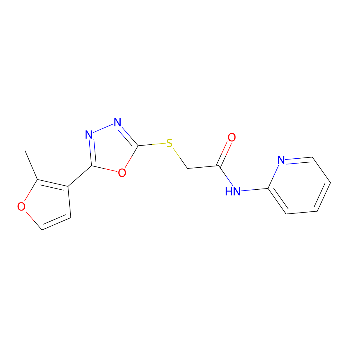 2-[[5-(2-methylfuran-3-yl)-1,3,4-oxadiazol-2-yl]sulfanyl]-N-pyridin-2-ylacetamide molecular structure, CAS 825610-72-8