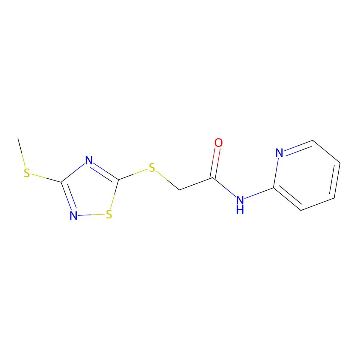 2-[(3-methylsulfanyl-1,2,4-thiadiazol-5-yl)sulfanyl]-N-pyridin-2-ylacetamide molecular structure, CAS 825610-73-9