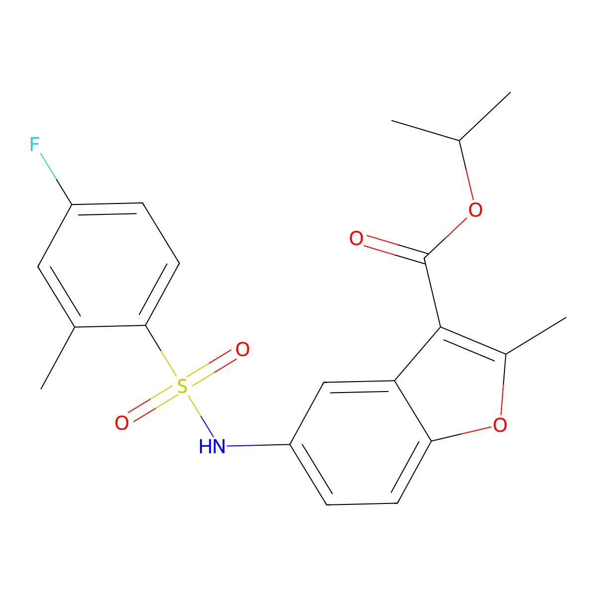 Isopropyl 5-{[(4-fluoro-2-methylphenyl)sulfonyl]amino}-2-methyl-1-benzofuran-3-carboxylate molecular structure, CAS 825611-28-7