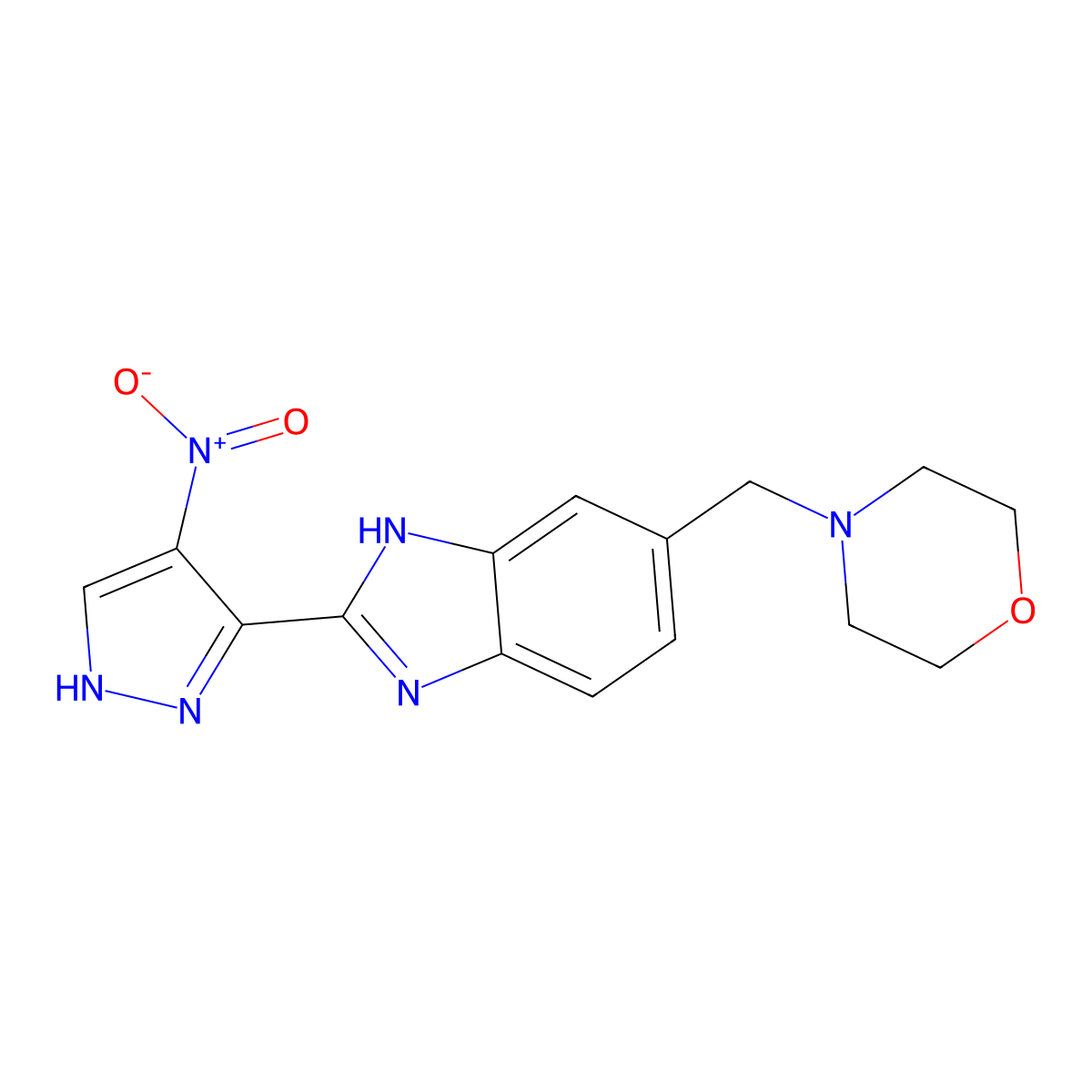 4-((2-(4-Nitro-1H-pyrazol-3-yl)-1H-benzo[d]imidazol-5-yl)methyl)morpholine molecular structure, CAS 825619-29-2