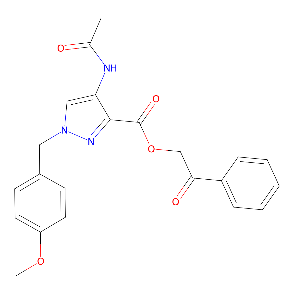 4-acetylamino-1-(4-methoxy-benzyl)-1H-pyrazole-3-carboxylic acid 2-oxo-2-phenyl-ethyl ester molecular structure, CAS 825621-89-4