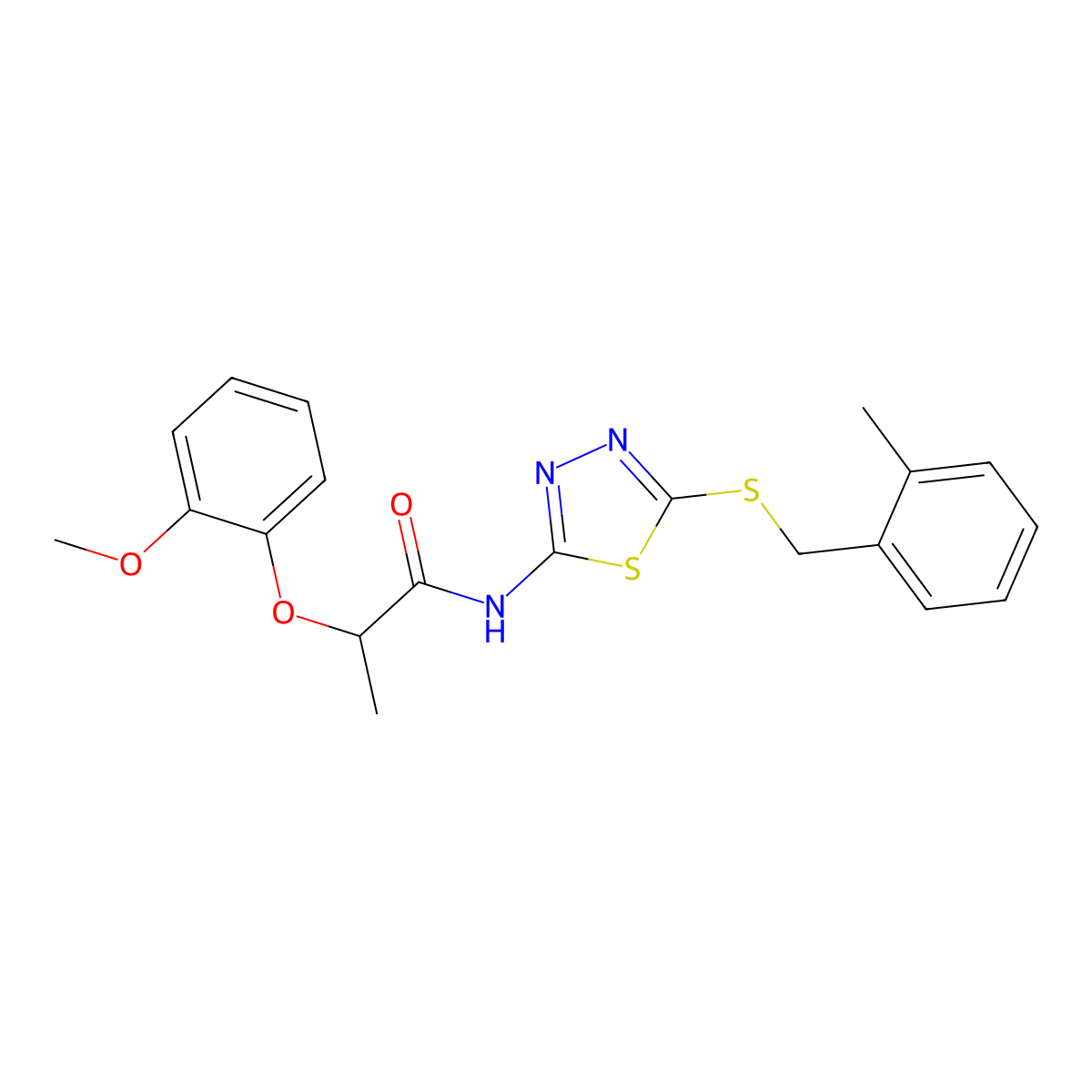 2-(2-methoxyphenoxy)-N-[5-[(2-methylphenyl)methylsulfanyl]-1,3,4-thiadiazol-2-yl]propanamide molecular structure, CAS 825655-36-5