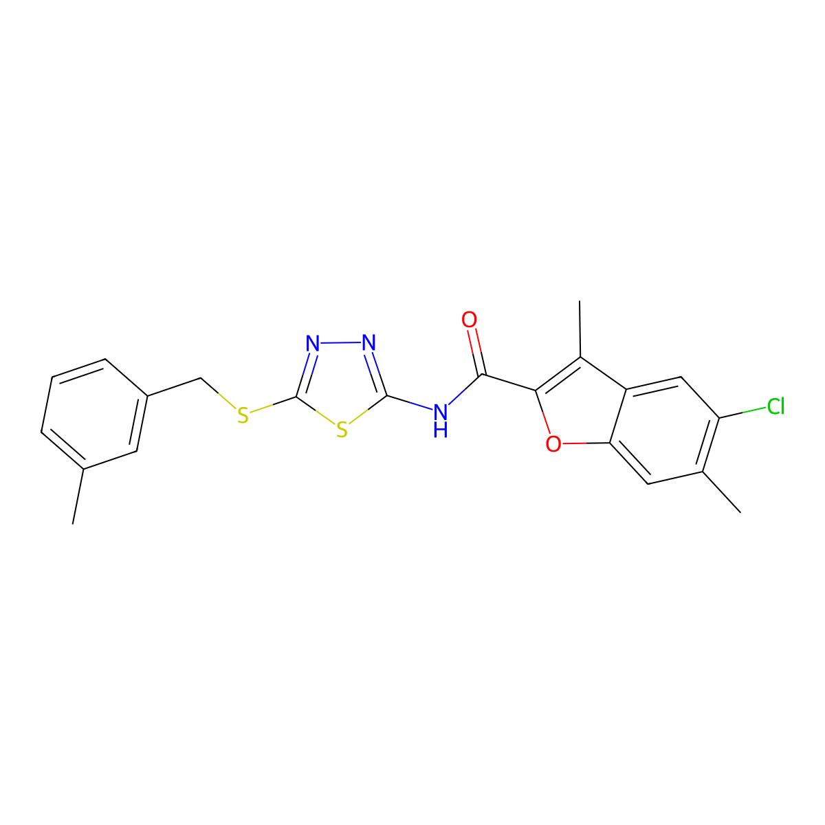 5-chloro-3,6-dimethyl-N-[5-[(3-methylphenyl)methylsulfanyl]-1,3,4-thiadiazol-2-yl]-1-benzofuran-2-carboxamide molecular structure, CAS 825656-09-5