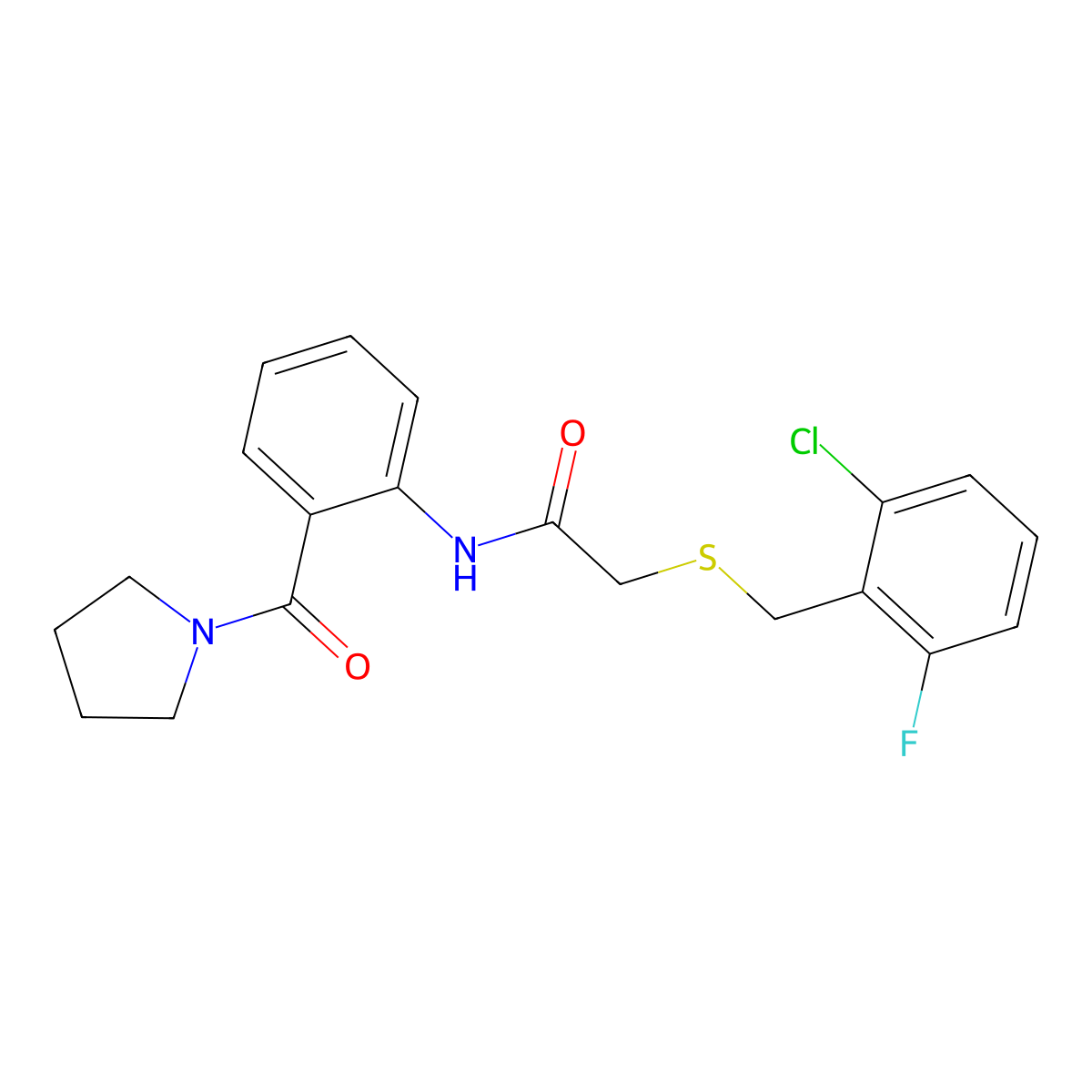 2-[(2-chloro-6-fluorophenyl)methylsulfanyl]-N-[2-(pyrrolidine-1-carbonyl)phenyl]acetamide molecular structure, CAS 825656-64-2