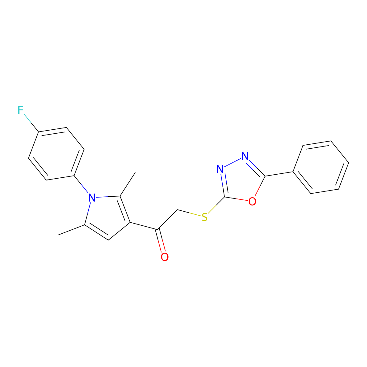 1-(1-(4-fluorophenyl)-2,5-dimethyl-1H-pyrrol-3-yl)-2-((5-phenyl-1,3,4-oxadiazol-2-yl)thio)ethanone molecular structure, CAS 825656-73-3