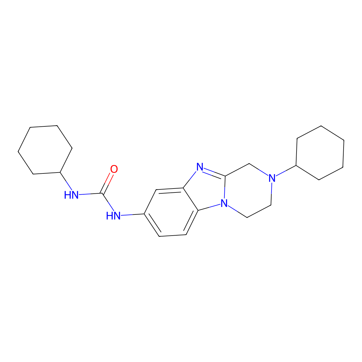 1-cyclohexyl-3-(2-cyclohexyl-3,4-dihydro-1H-pyrazino[1,2-a]benzimidazol-8-yl)urea molecular structure, CAS 825657-25-8