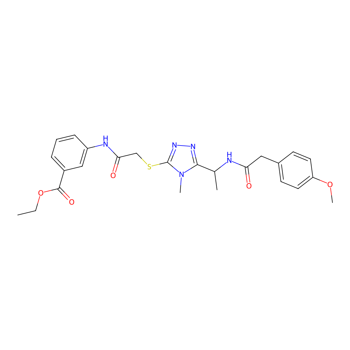 ethyl 3-[({[5-(1-{[(4-methoxyphenyl)acetyl]amino}ethyl)-4-methyl-4H-1,2,4-triazol-3-yl]sulfanyl}acetyl)amino]benzoate molecular structure, CAS 825657-71-4