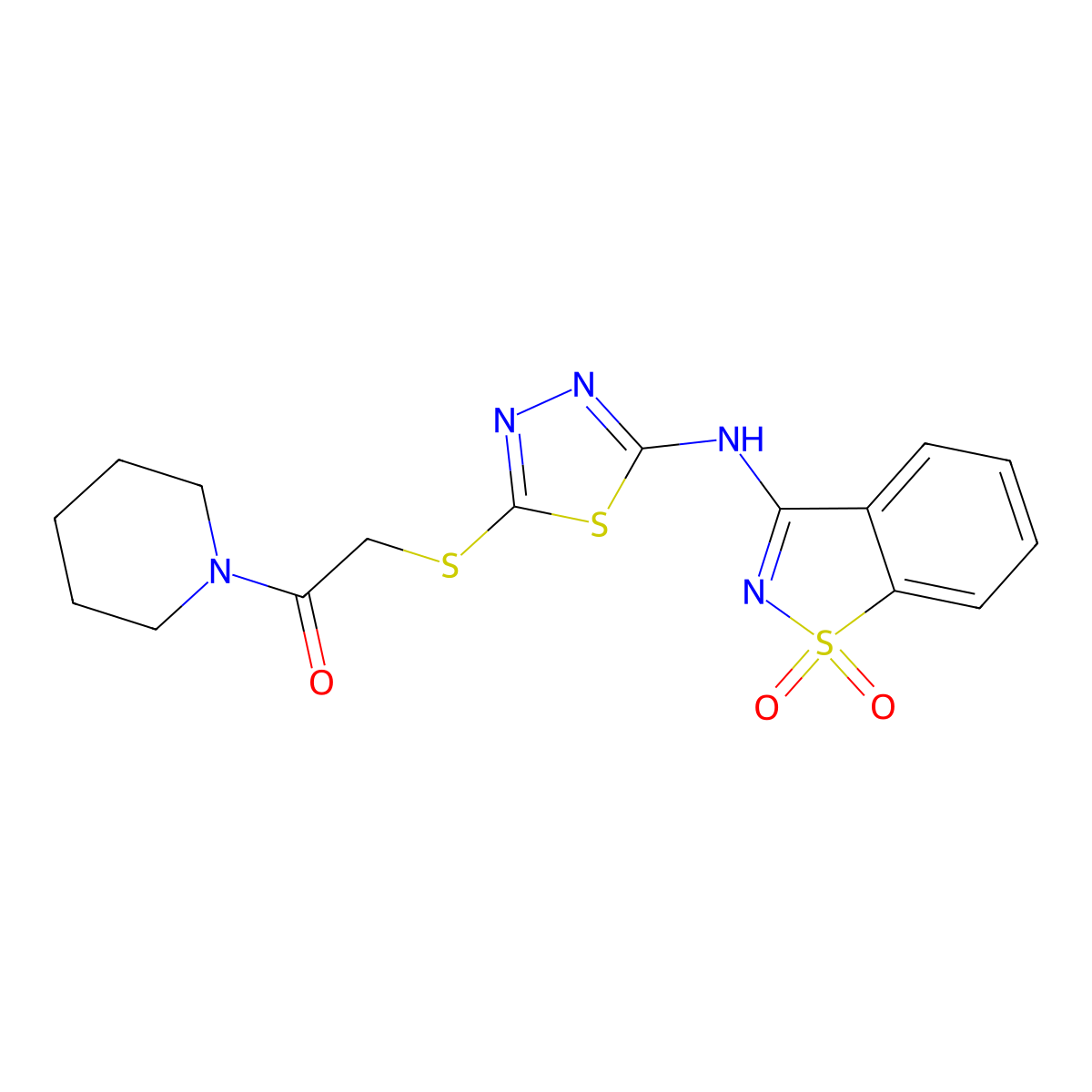 2-({5-[(1,1-Dioxido-1,2-benzothiazol-3-yl)amino]-1,3,4-thiadiazol-2-yl}sulfanyl)-1-(piperidin-1-yl)ethanone molecular structure, CAS 825657-73-6